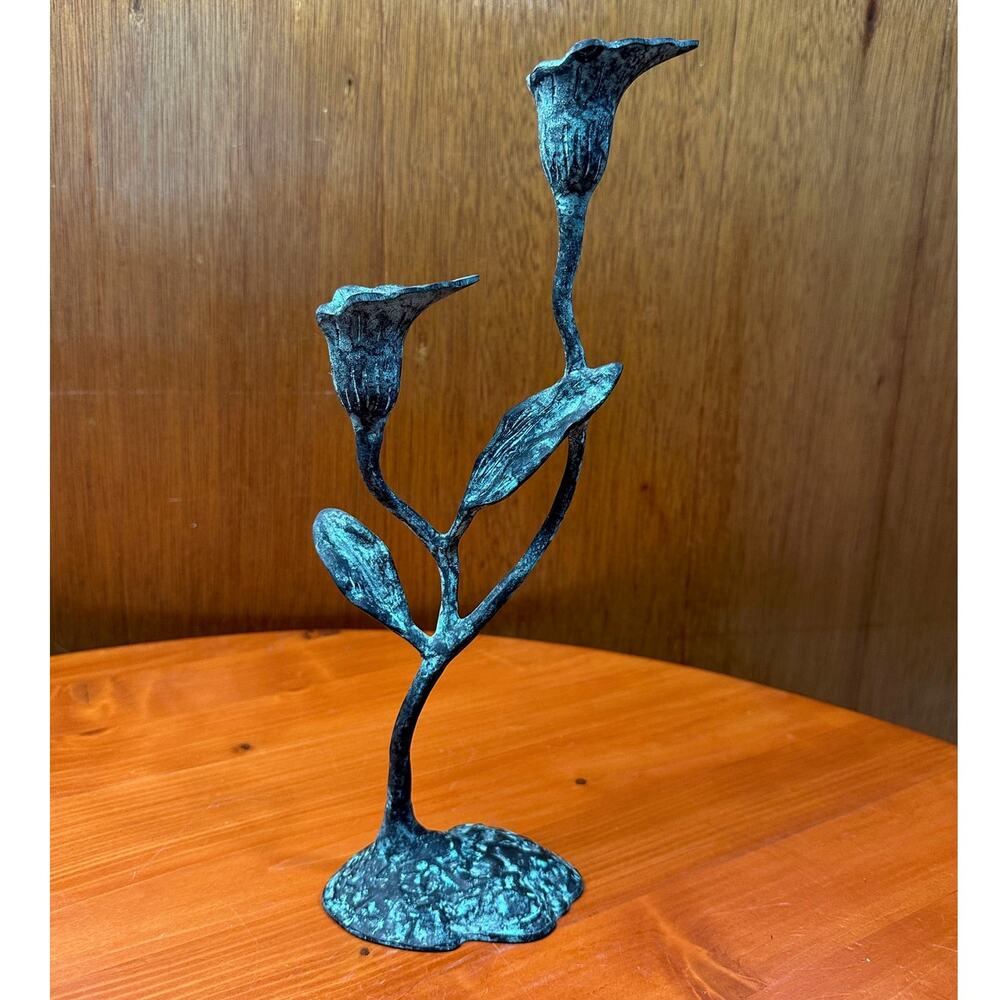 Vintage Cast Metal Calla Lily Double Candle Holder with Verdigris Finish - 13.5"